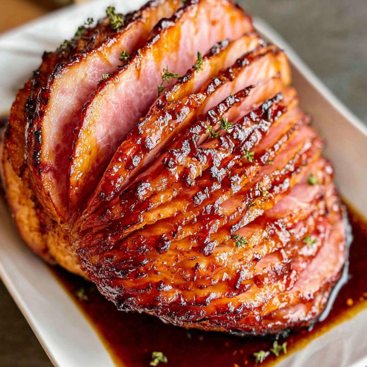 Homemade 3-ingredient brown sugar ham glaze on a white kitchen counter with a  caramelized finish