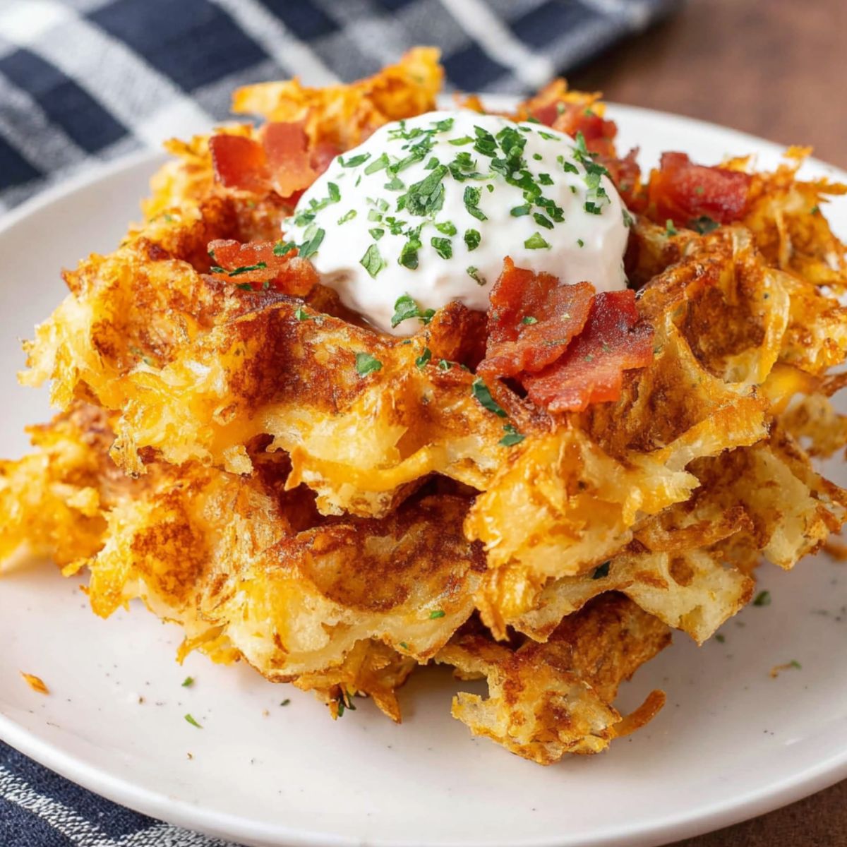 Crispy homemade hash brown waffles on a white kitchen counter,