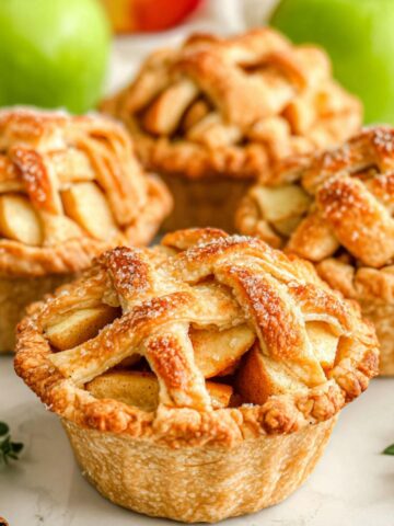 Overhead shot of freshly baked mini pies in a muffin tin on a white kitchen counter with crumbs scattered around.