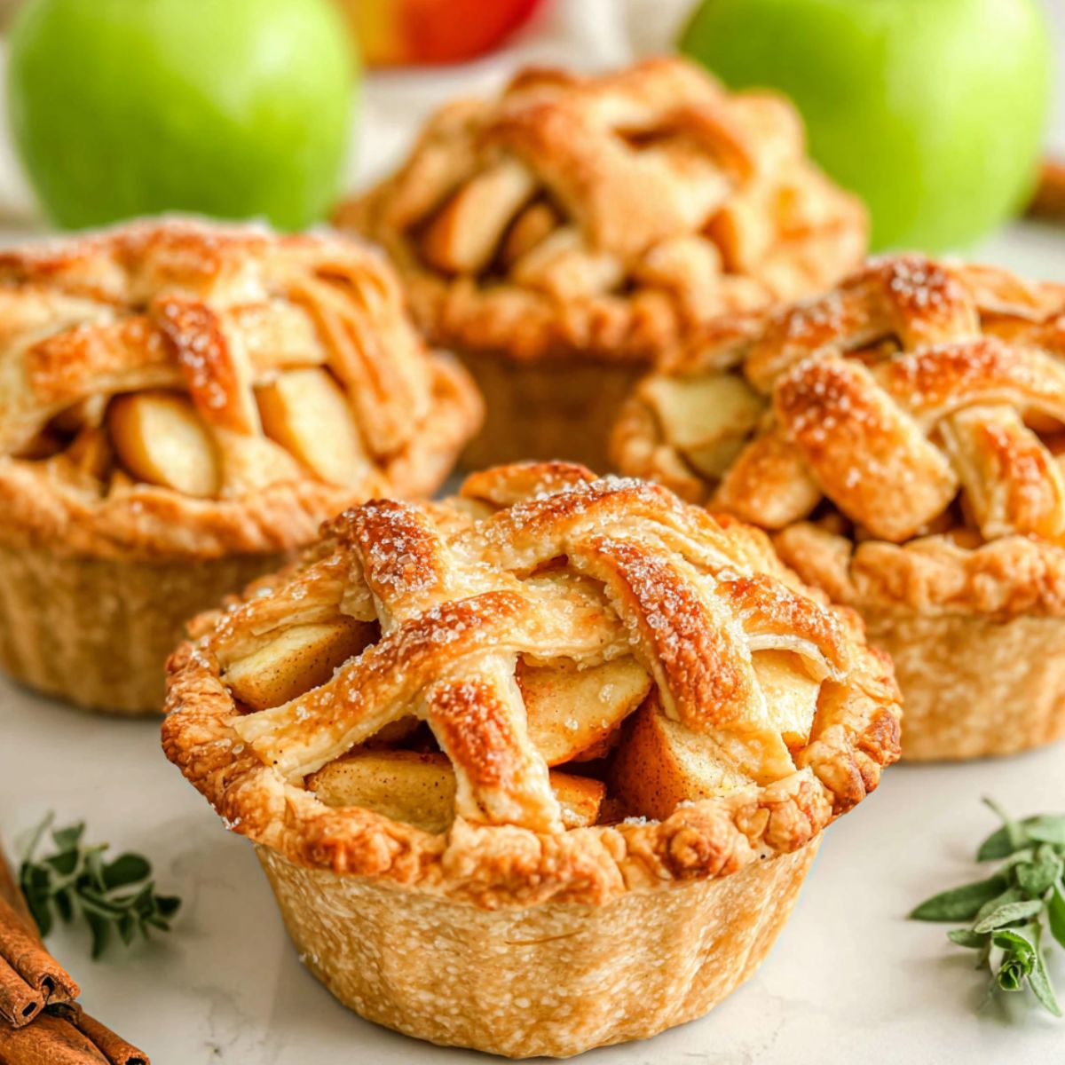 Overhead shot of freshly baked mini pies in a muffin tin on a white kitchen counter with crumbs scattered around.