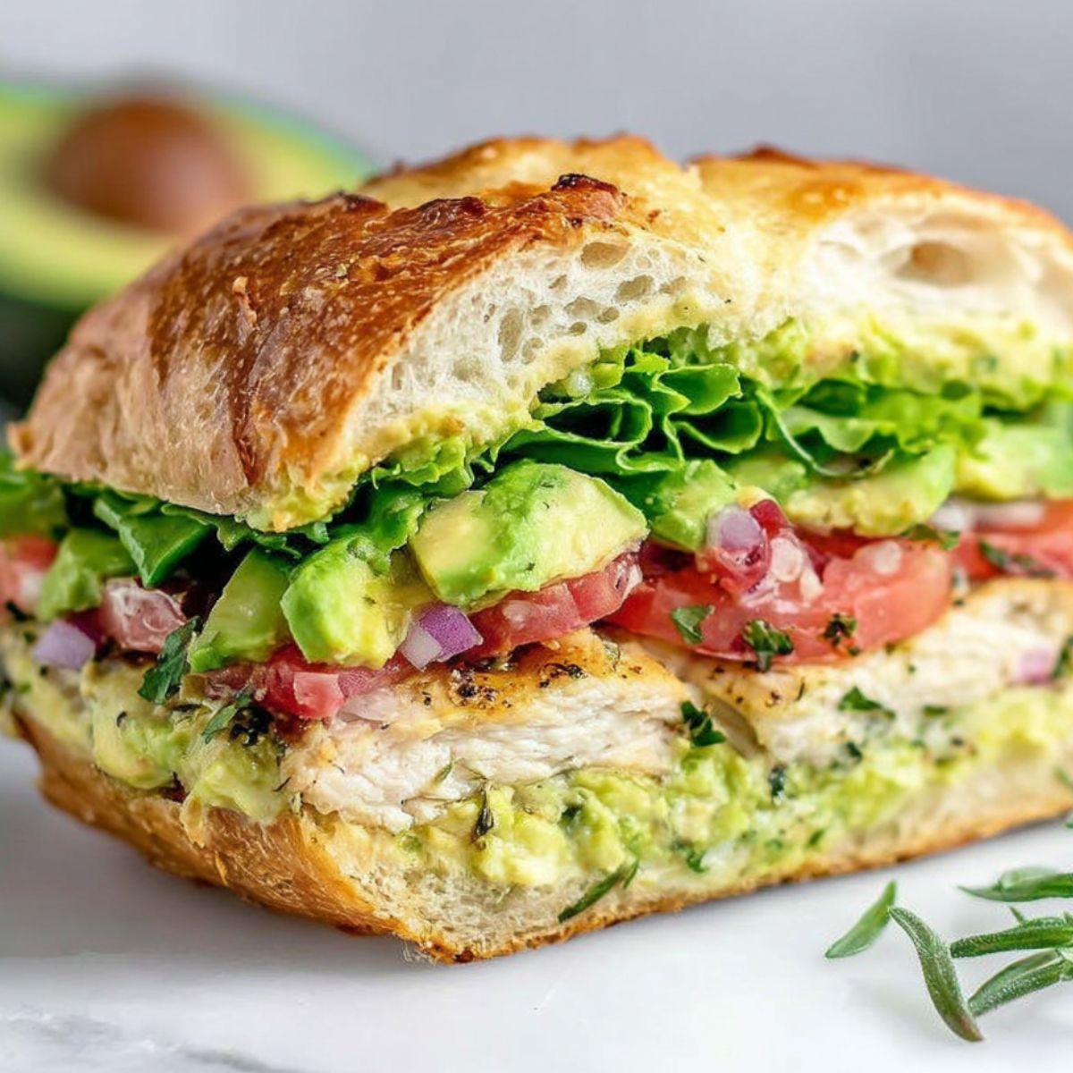 Homemade avocado chicken sandwich on a white kitchen counter