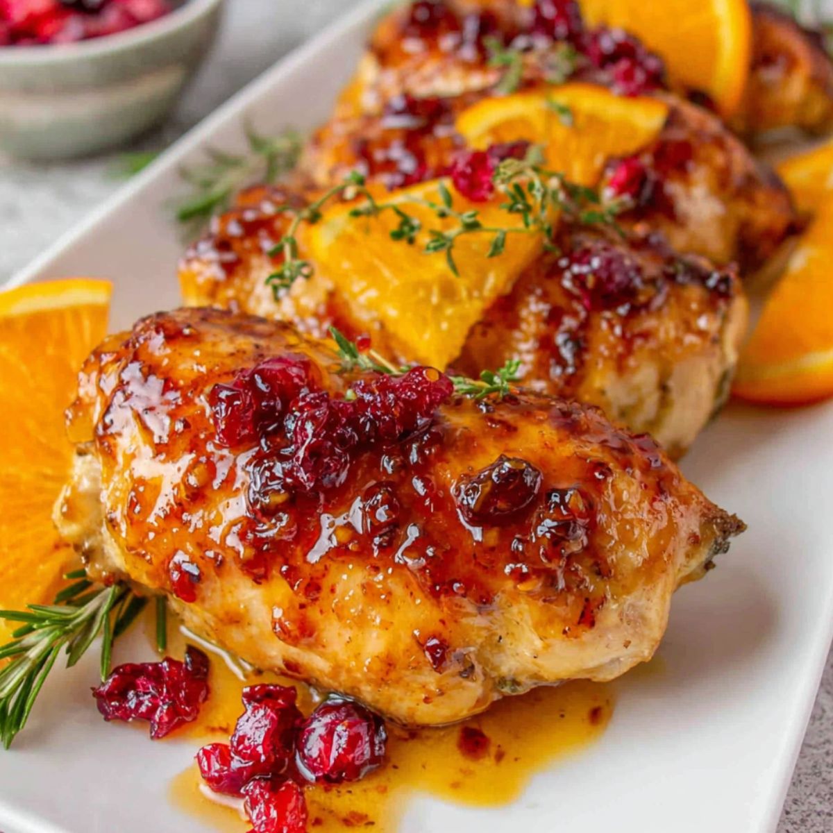 Homemade cranberry orange chicken on a white kitchen counter, top-down view.