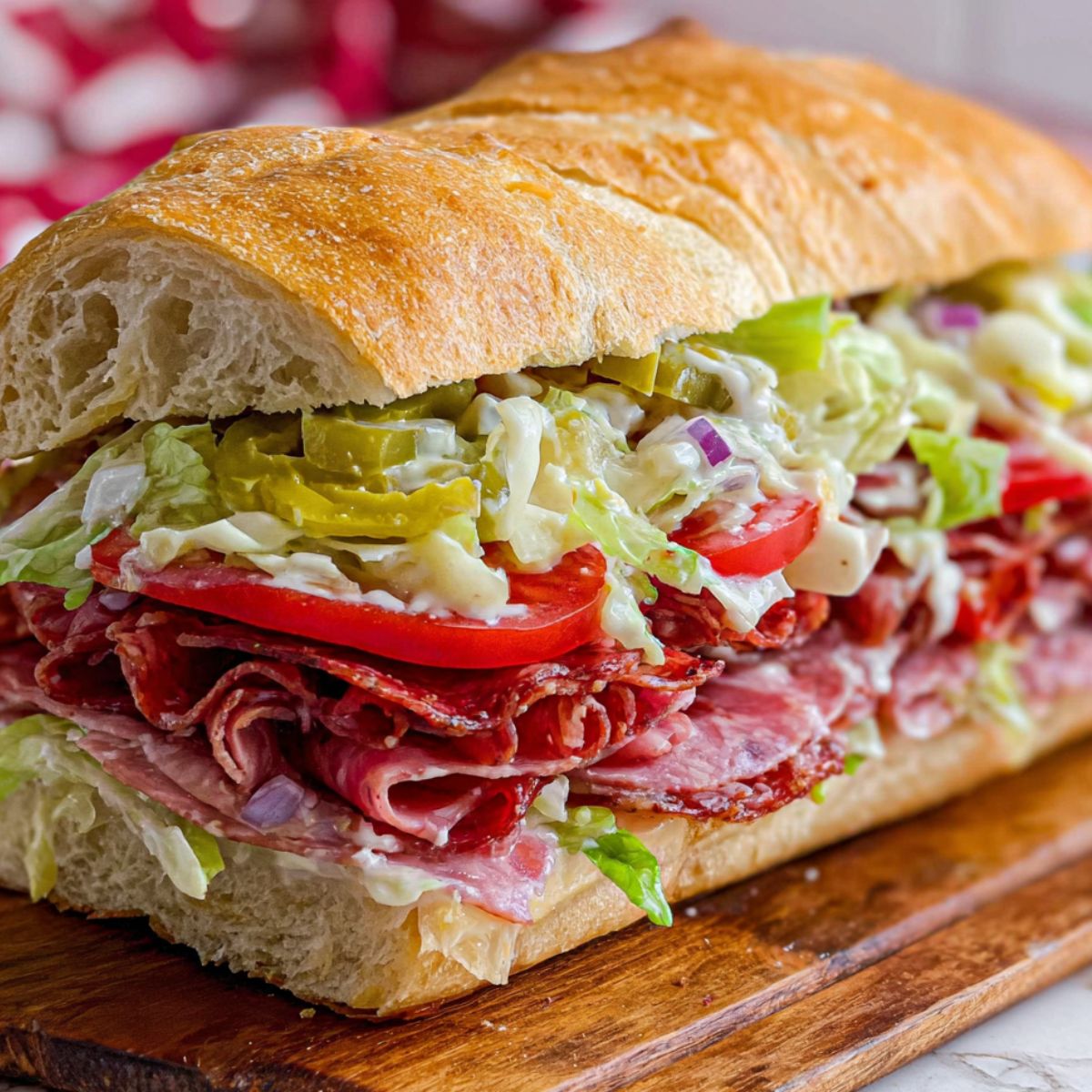 Italian grinder salad sandwich on a wooden cutting board, overflowing with meats, lettuce, tomatoes, and dressing