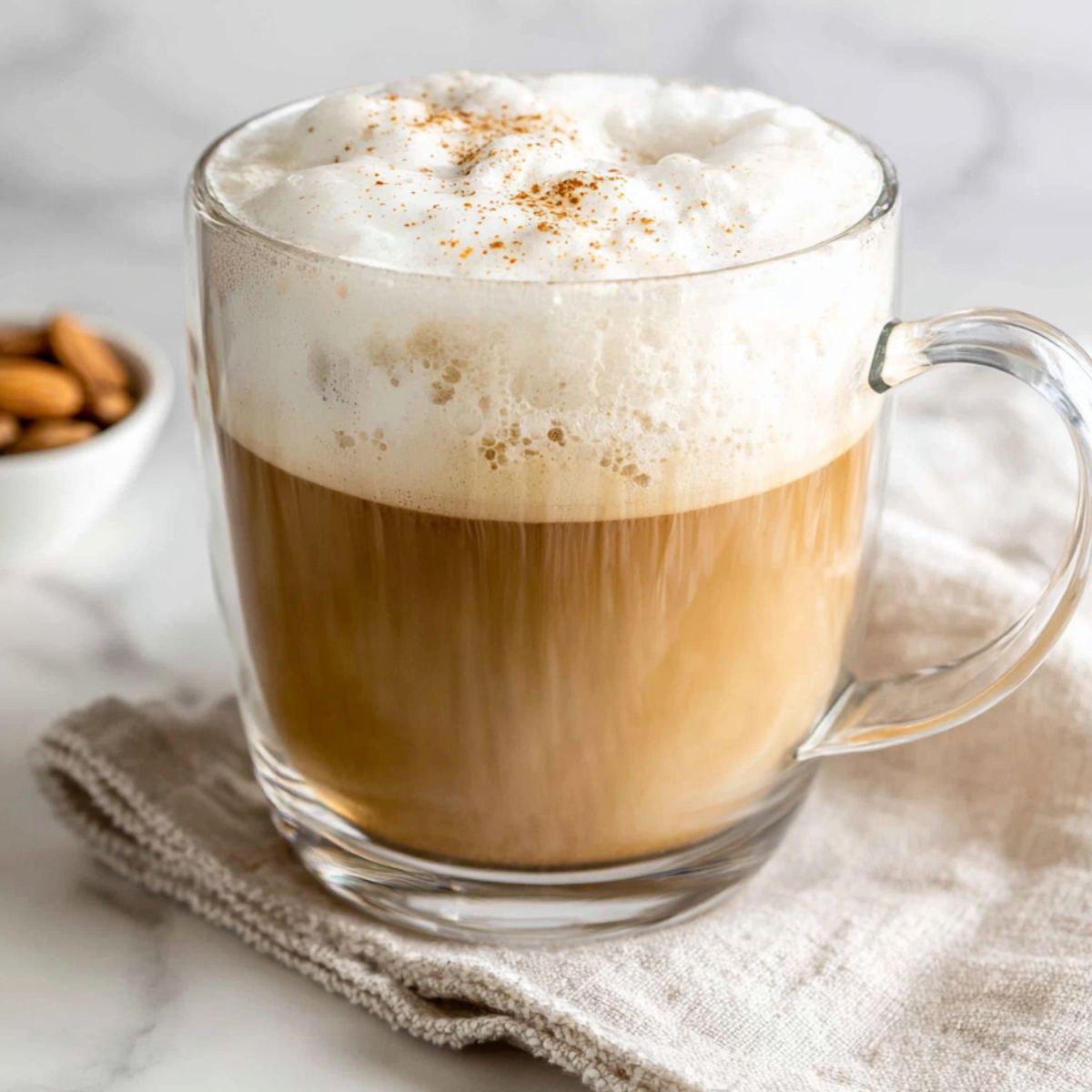 Homemade almond milk latte in a glass mug on a white kitchen counter,