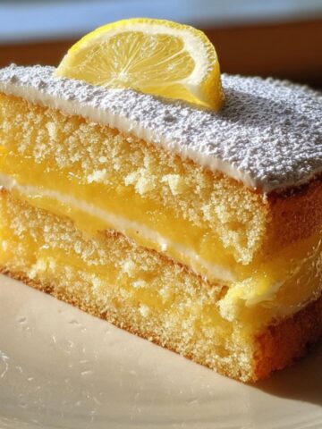 Homemade lemon curd cake on a counter with natural light and lemon glaze