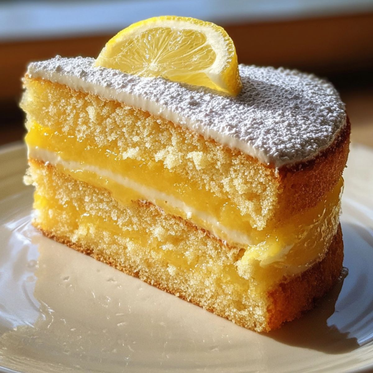 Homemade lemon curd cake on a counter with natural light and lemon glaze