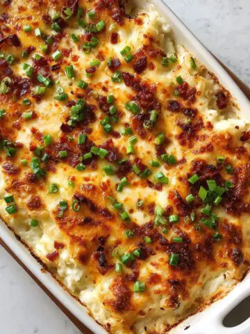 Homemade loaded mashed potato casserole fresh out of the oven with cheese, bacon, and green onions on a white kitchen counter