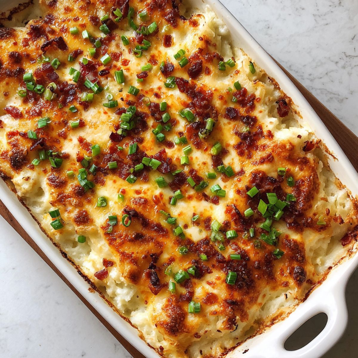 Homemade loaded mashed potato casserole fresh out of the oven with cheese, bacon, and green onions on a white kitchen counter