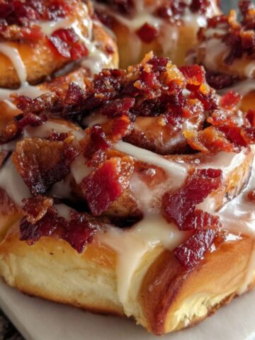 Homemade maple bacon cinnamon rolls with maple glaze dripping on a white countertop