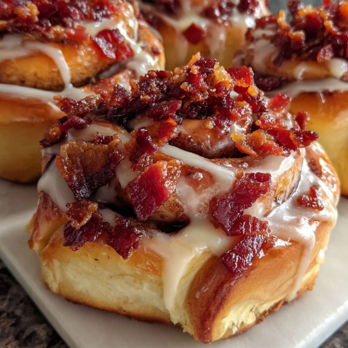 Homemade maple bacon cinnamon rolls with maple glaze dripping on a white countertop