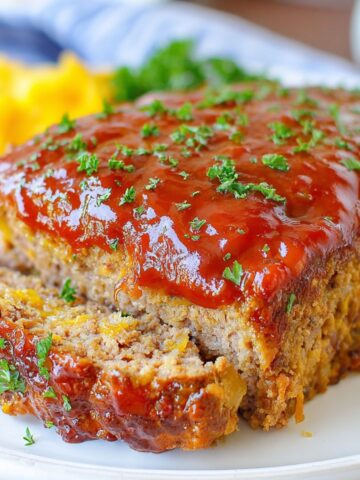 Homemade Cracker Barrel meatloaf on a white kitchen counter