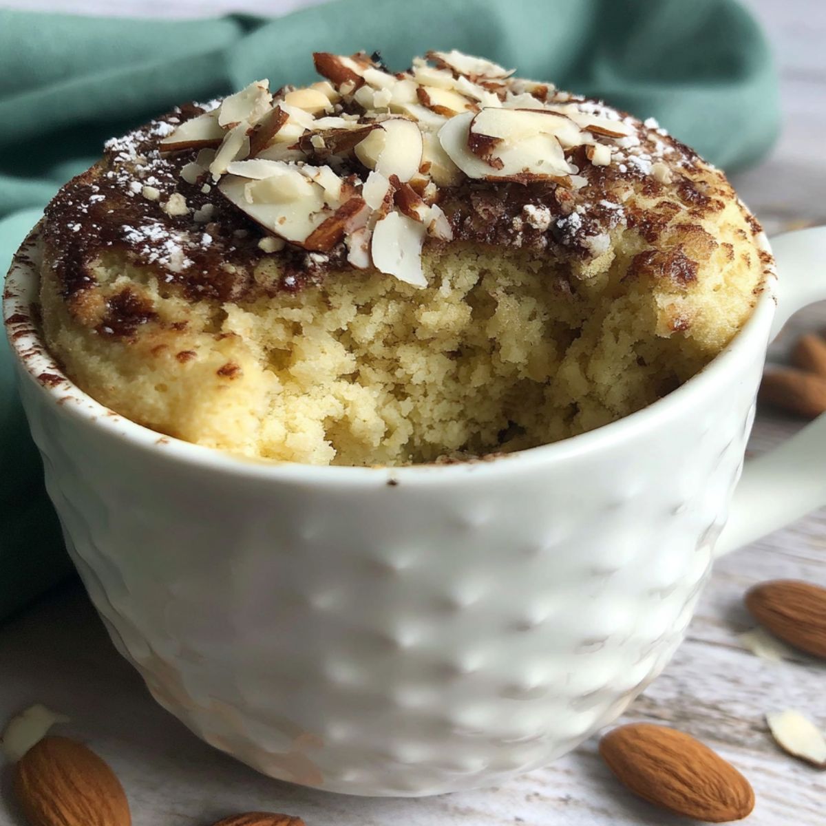 Homemade almond flour mug cake on a white kitchen counter