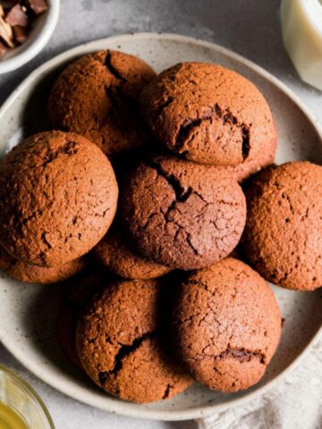 Homemade 3 Ingredient Cookies Nutella freshly baked on a white kitchen counter, overhead shot.
