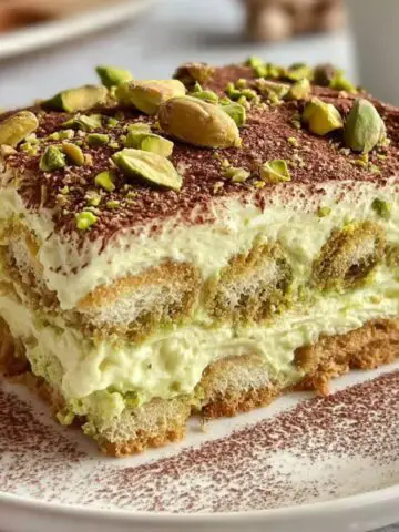 Homemade pistachio tiramisu slice on a white plate with crushed pistachios and cocoa dusting
