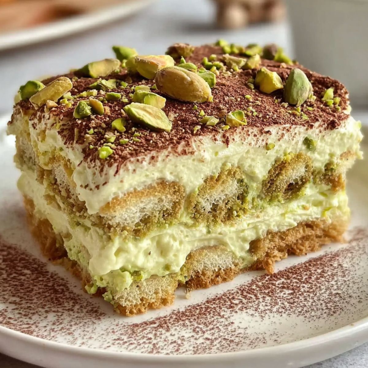 Homemade pistachio tiramisu slice on a white plate with crushed pistachios and cocoa dusting