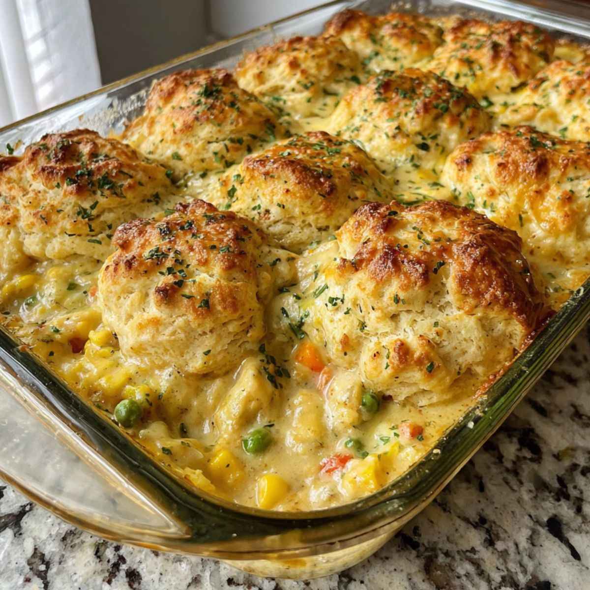 Homemade Red Lobster Biscuit Chicken Pot Pie with golden biscuits on top, shot from above on a kitchen counter.