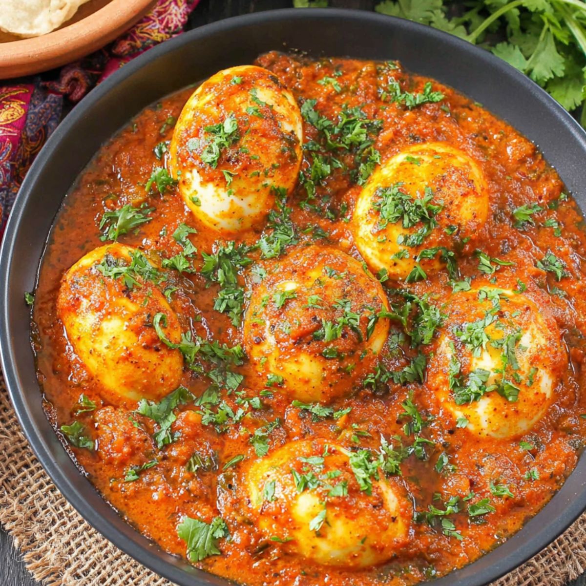 Homemade South Indian egg curry served in a stainless steel bowl on a white kitchen counter.