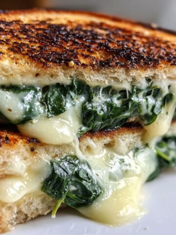 Homemade spinach sandwich on a white kitchen counter with melted cheese oozing out,
