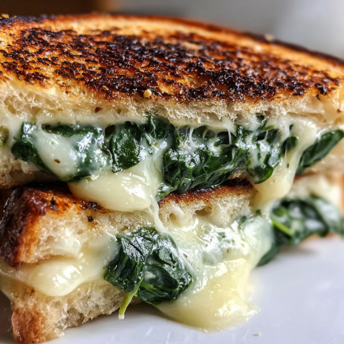 Homemade spinach sandwich on a white kitchen counter with melted cheese oozing out,