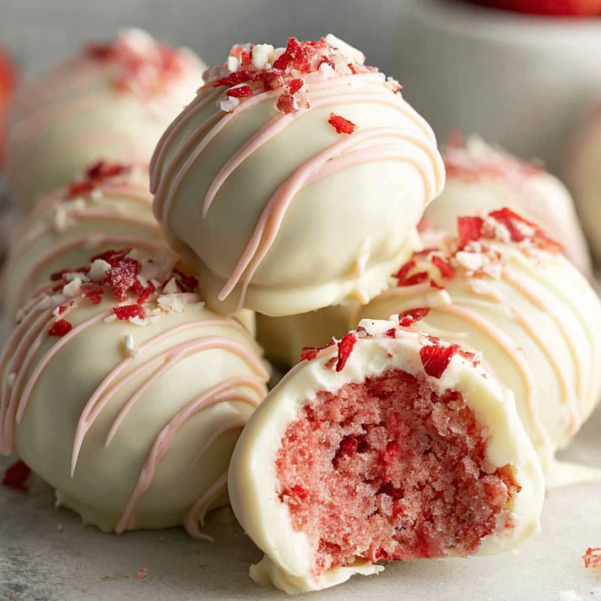 Homemade strawberry truffles on a white kitchen counter photographed from above.