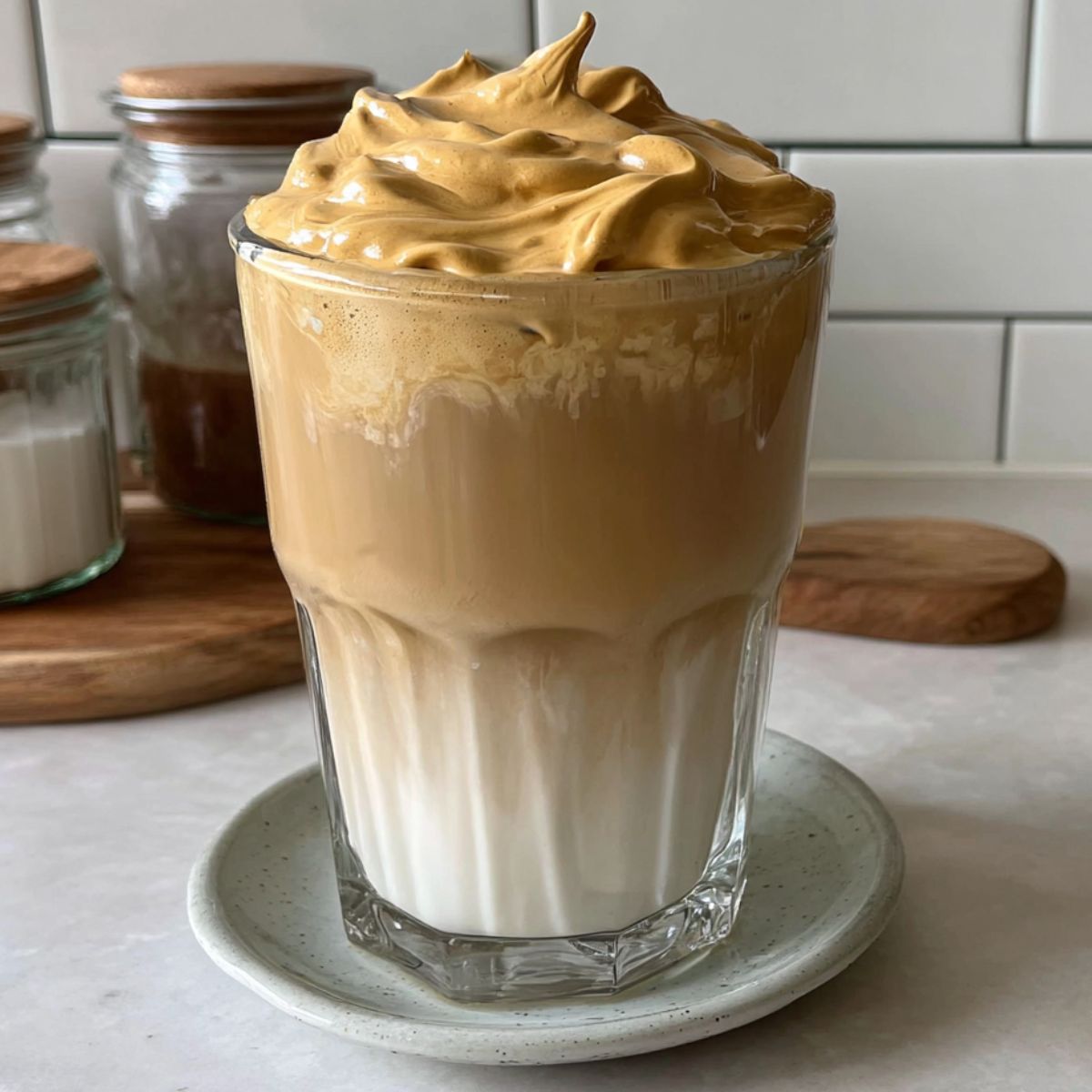 Homemade whipped honey coffee with creamy foam on a white kitchen counter, shot from above.