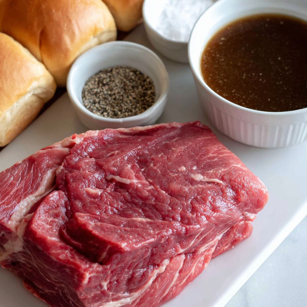 Overhead shot of ingredients for 3-ingredient slow cooker French dip sandwiches: beef chuck roast, au jus packets, and French rolls.