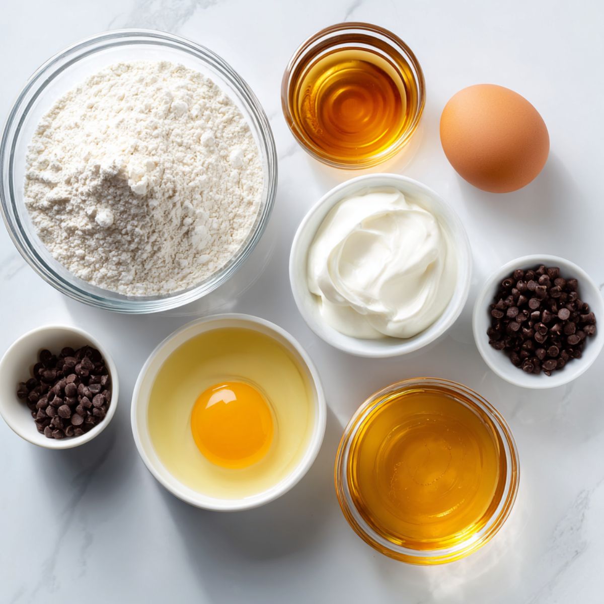 Flat lay of ingredients for Greek yogurt chocolate cookies on a white kitchen counter.
