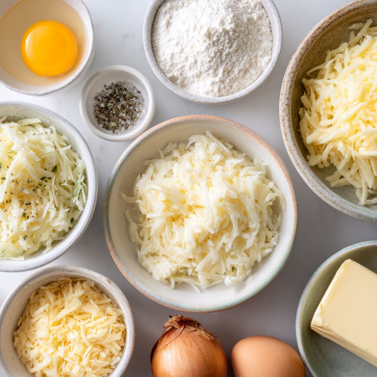 Overhead photo of ingredients for hash brown waffles on a white kitchen counter, arranged casually with natural light and soft shadows.