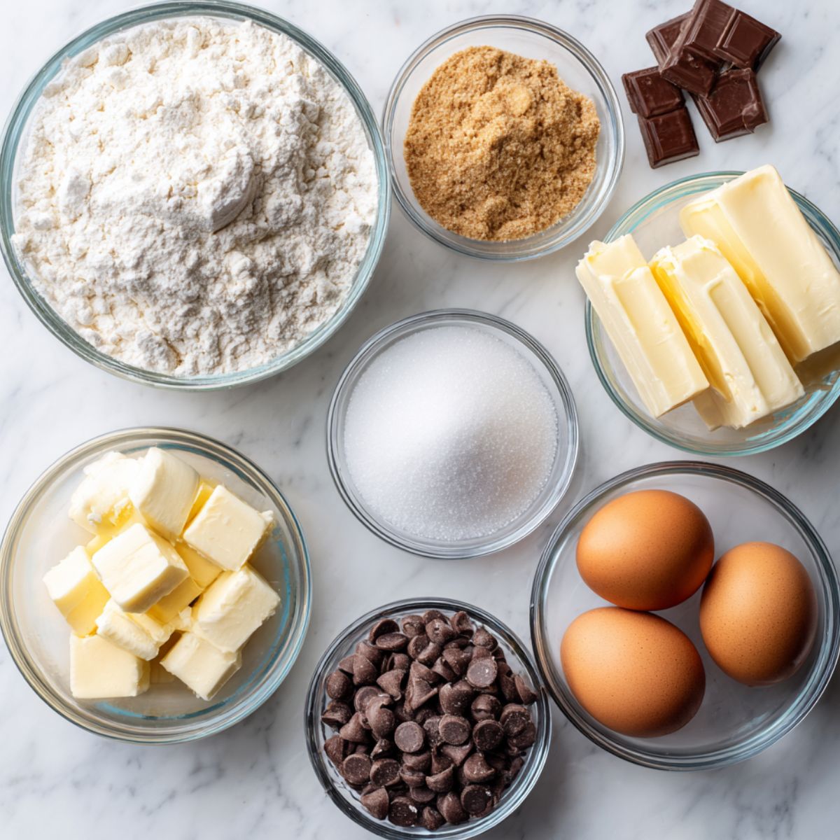 Overhead view of homemade chocolate chip cookie ingredients casually laid out on a white counter — flour, butter, sugars, egg, and chocolate chips.