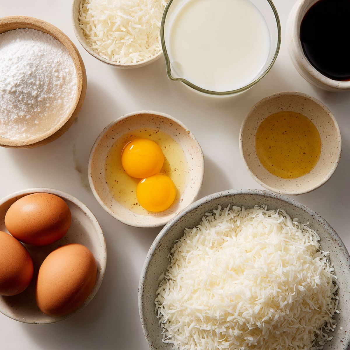 Top-down view of ingredients for homemade coconut flan on a white kitchen counter.