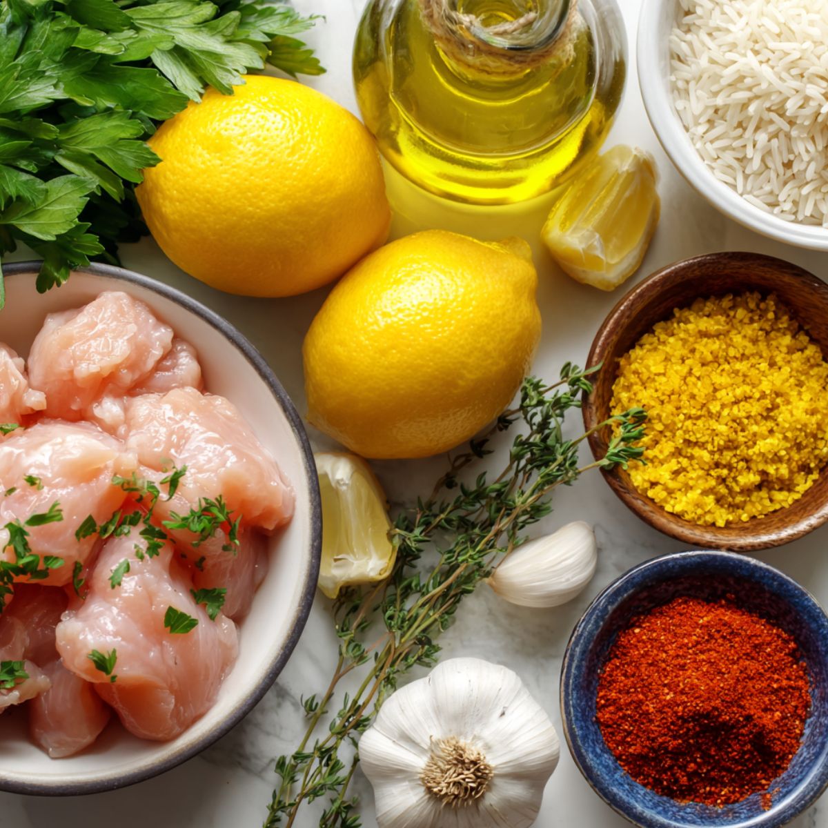 Flat-lay of lemon herb chicken and rice ingredients on a white counter — chicken, lemons, herbs, rice, and olive oil in a natural homemade setup.