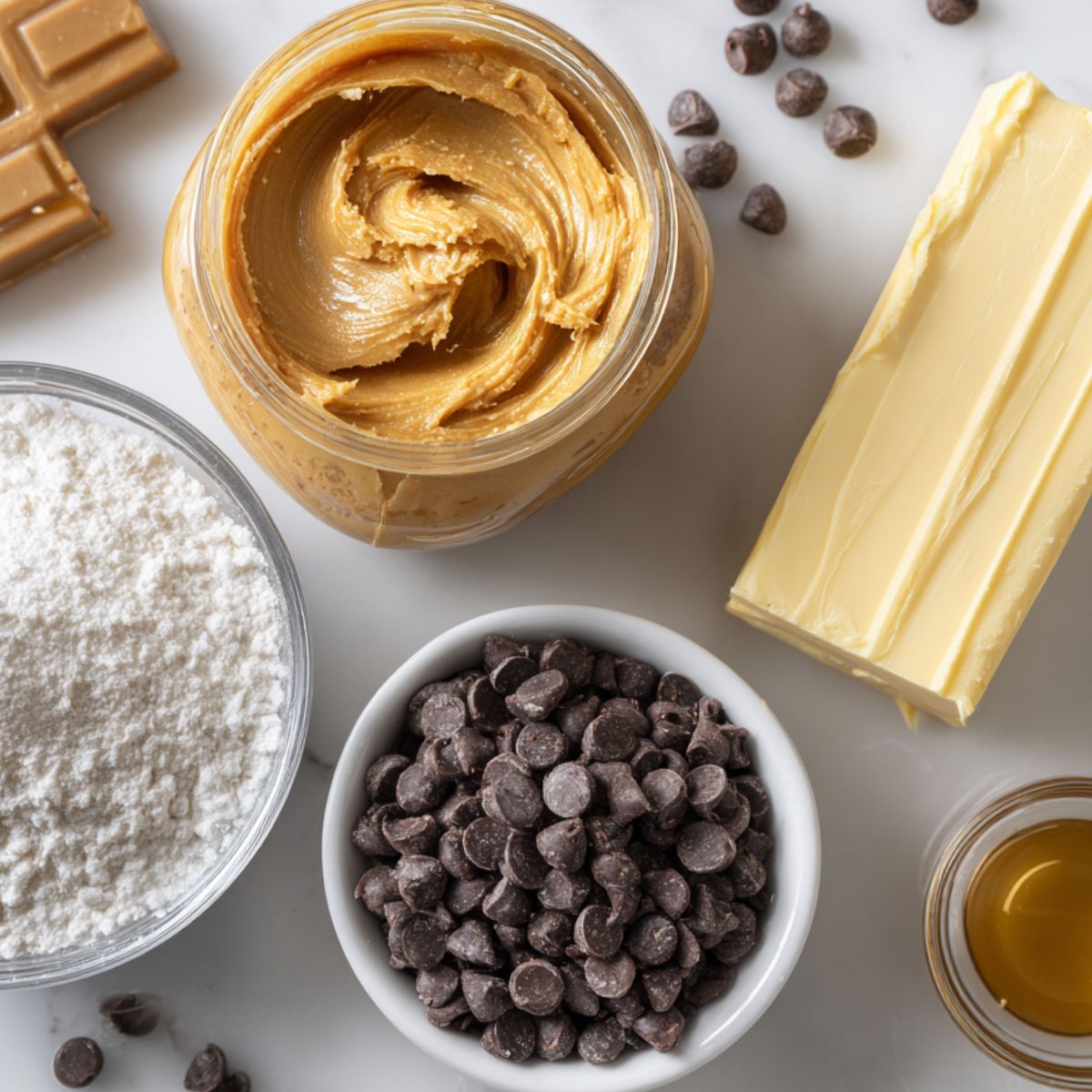 Overhead photo of ingredients for homemade peanut butter chocolate balls on a white kitchen counter.