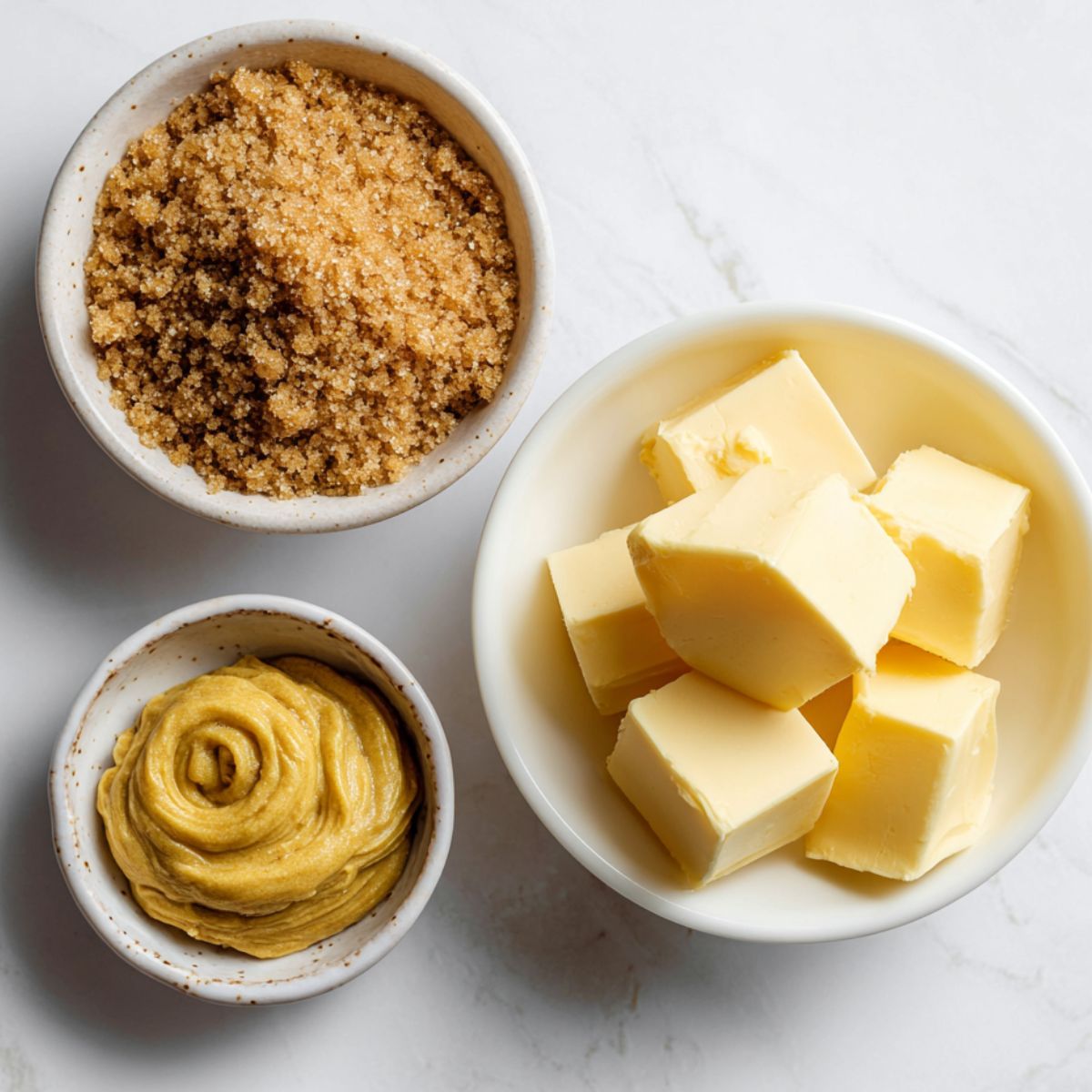 Top-down photo of brown sugar, butter, and Dijon mustard on a white kitchen counter for making ham glaze