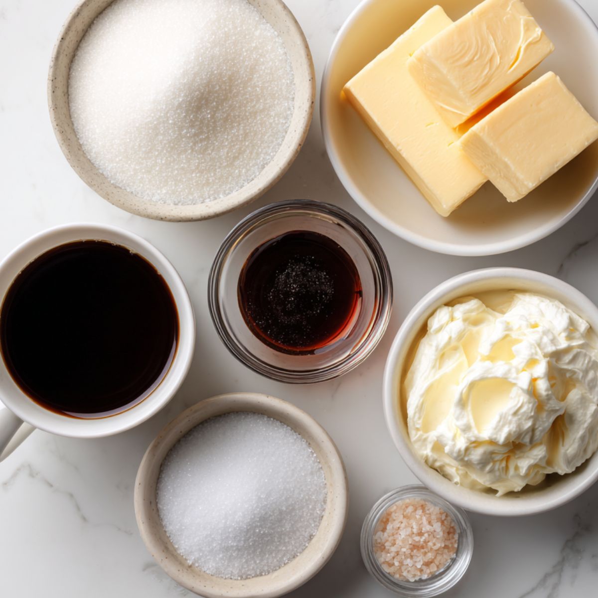 Top-down view of caramel brulée latte ingredients arranged casually on a white kitchen counter — sugar, butter, cream, coffee, milk, vanilla, and salt.
