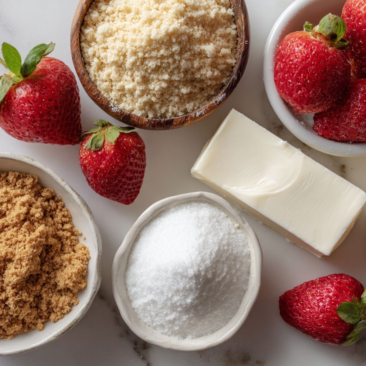 Ingredients for homemade strawberry cheesecake cups laid out on a white counter: graham cracker crumbs, cream cheese, sugar, cream, and strawberries.