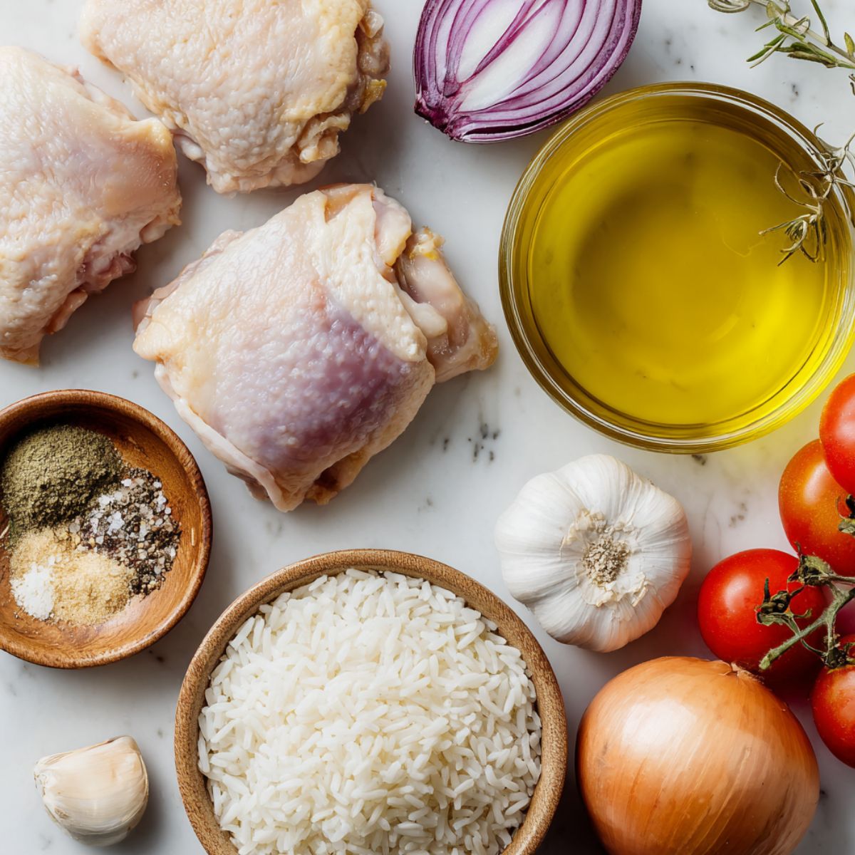 Overhead shot of raw ingredients for a chicken and rice slow cooker recipe on a white kitchen counter.