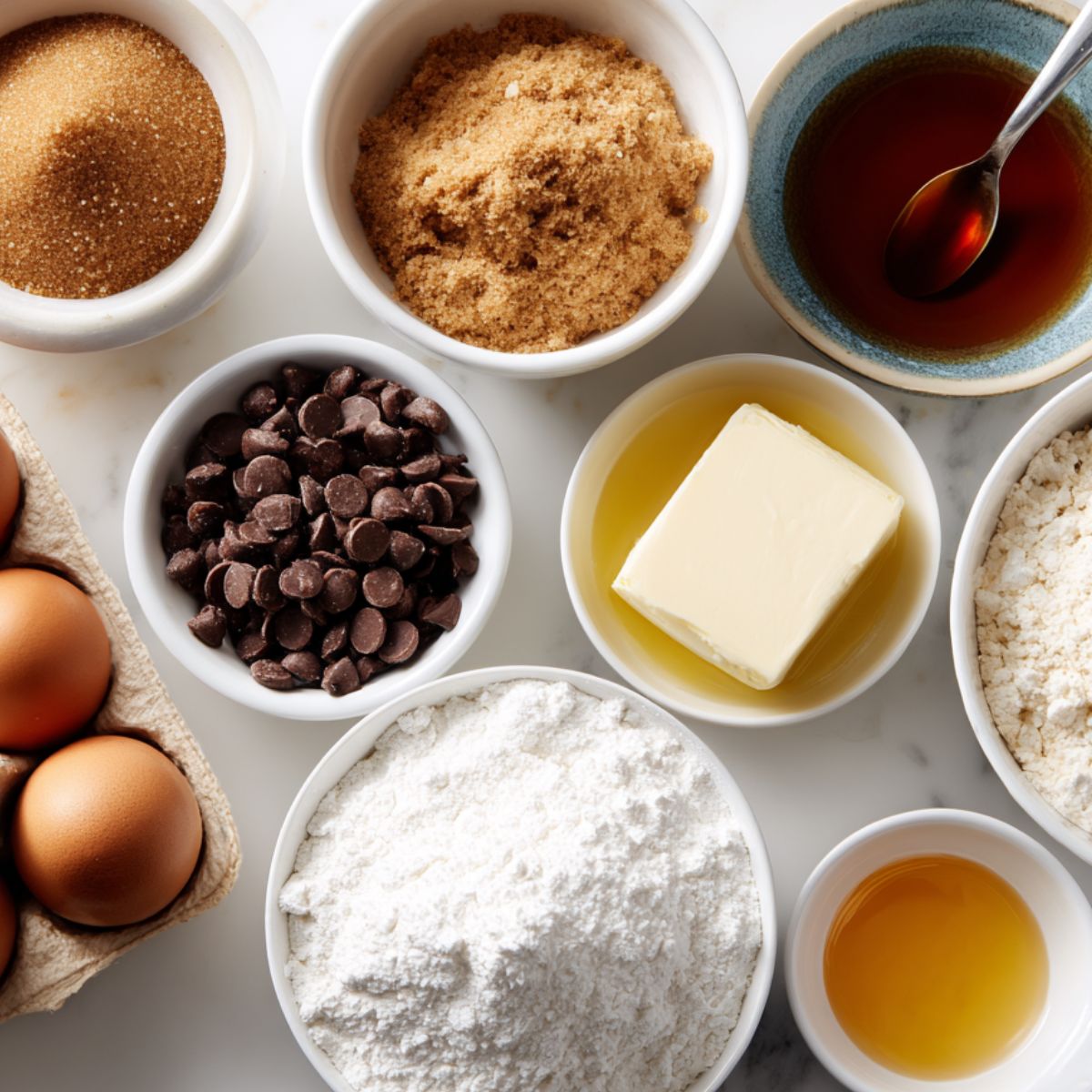 Overhead view of chocolate chip pie ingredients arranged casually on a white kitchen counter, showing butter, sugar, flour, eggs, and chocolate chips.