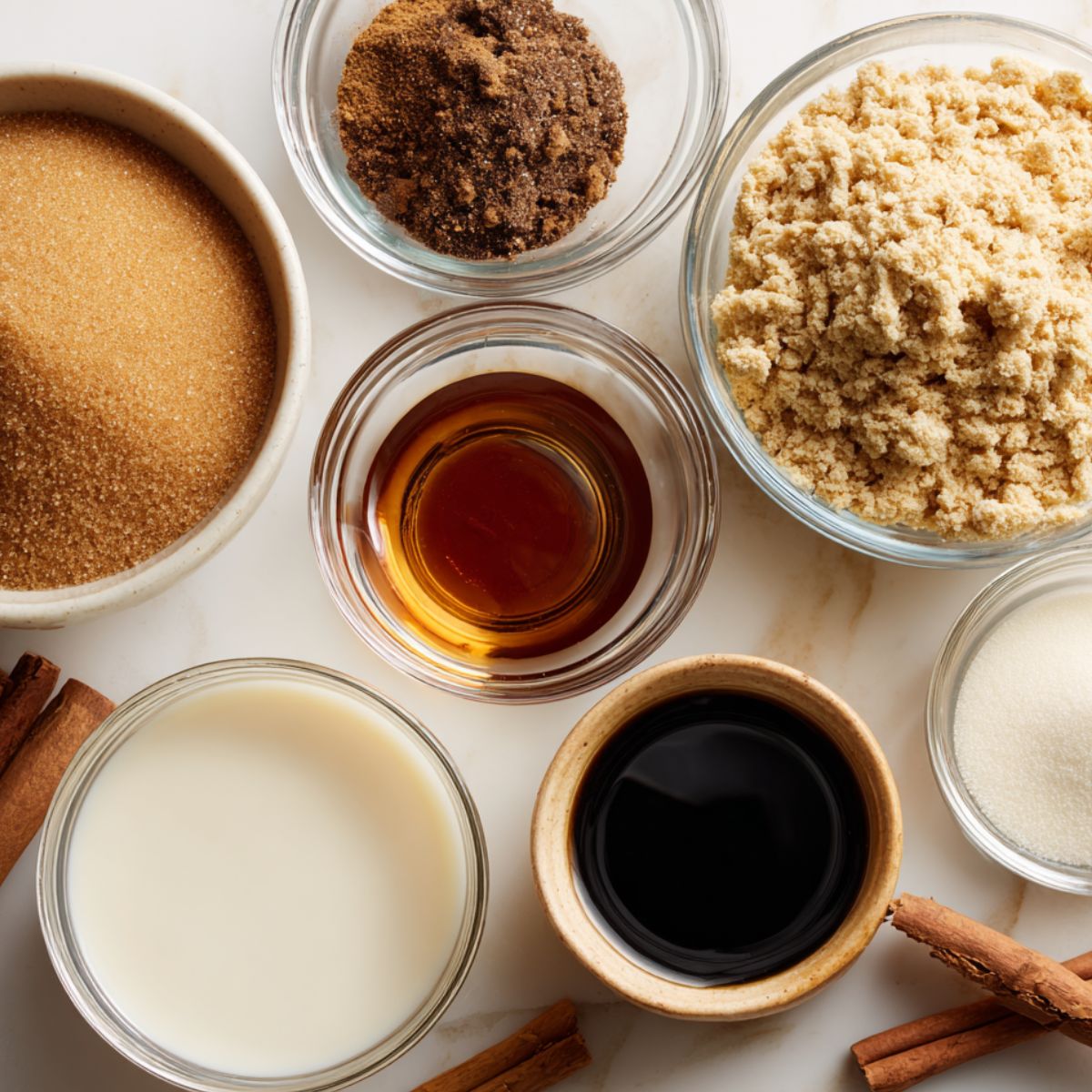 Homemade cinnamon dolce latte ingredients casually arranged on a white counter with warm natural light