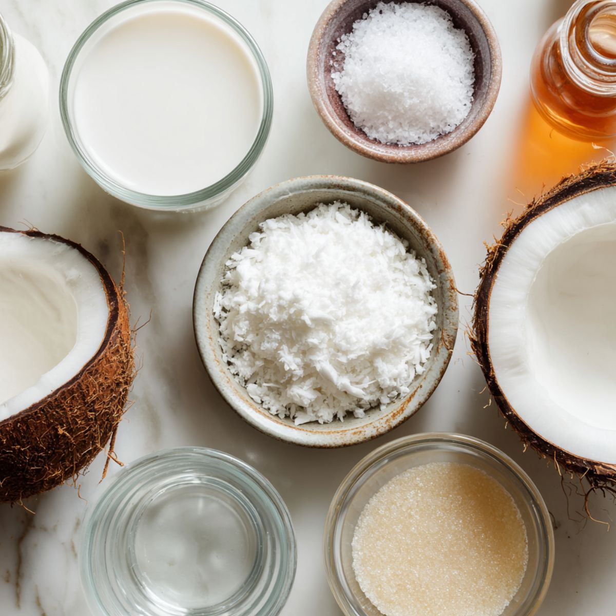 Top-down view of coconut panna cotta ingredients on a white kitchen counter — coconut milk, sugar, gelatin, vanilla, and mango slices.