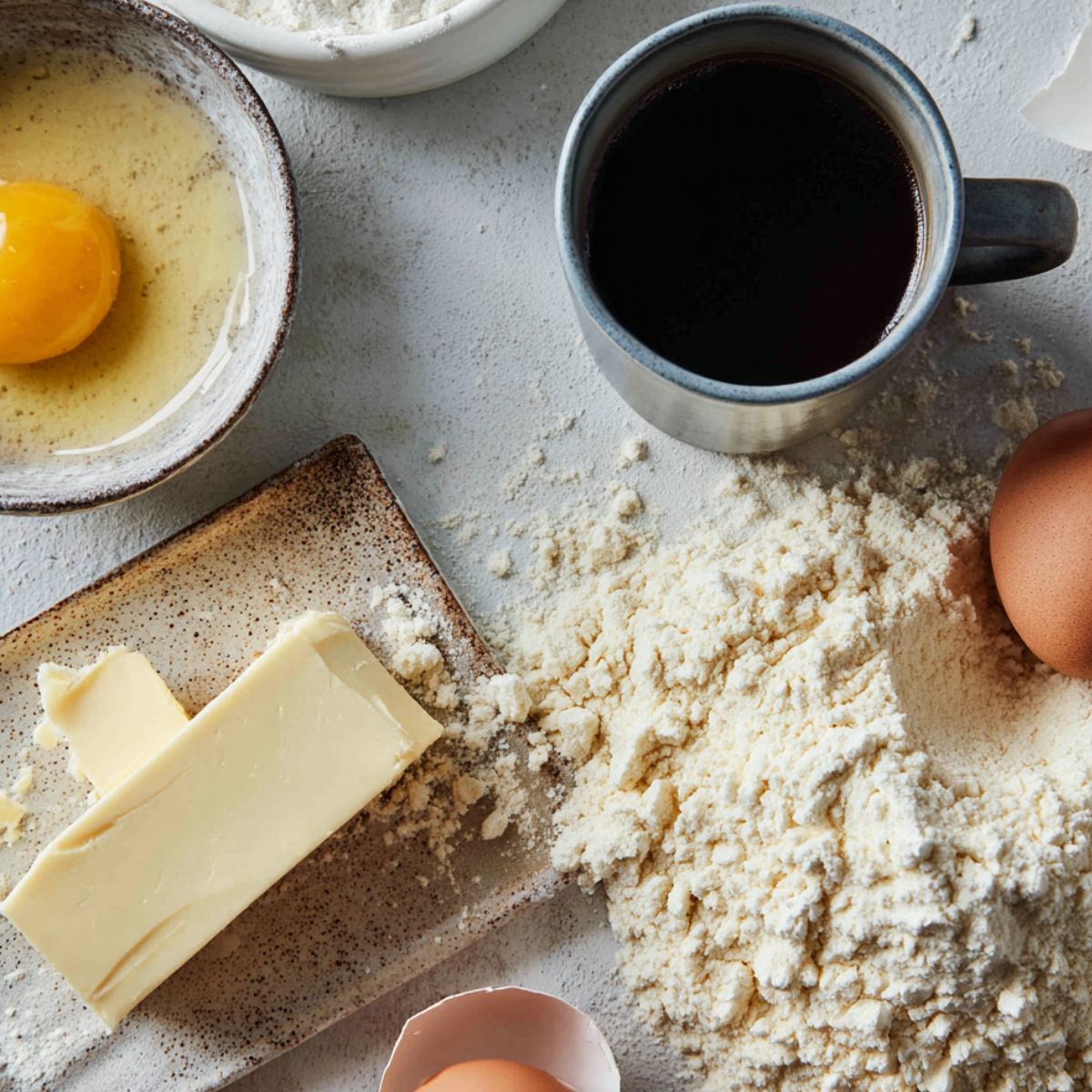 Casual overhead shot of ingredients for homemade coffee cinnamon rolls on a white counter with natural light.