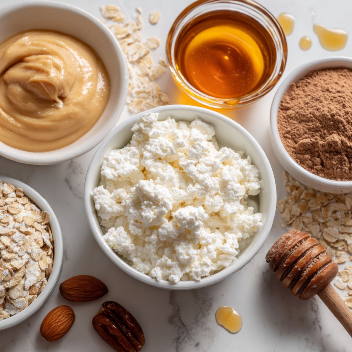 Cottage cheese, oats, peanut butter, protein powder, honey, and mix-ins laid out casually on a white kitchen counter.