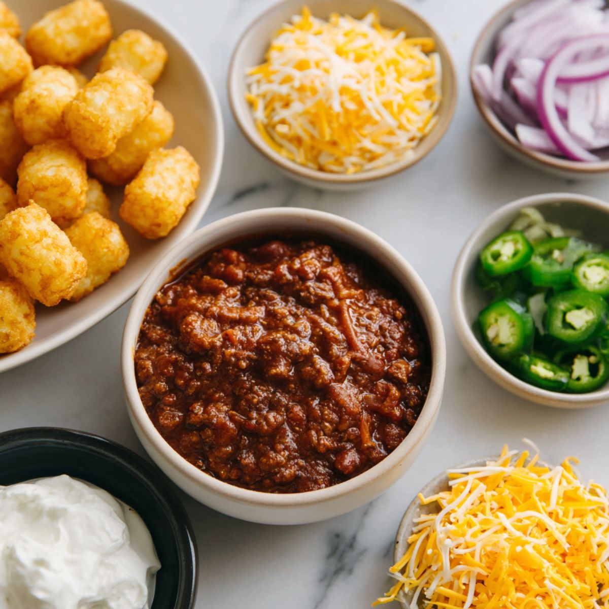 Ingredients for chili cheese tater tot casserole arranged on a kitchen counter in a casual flat lay.