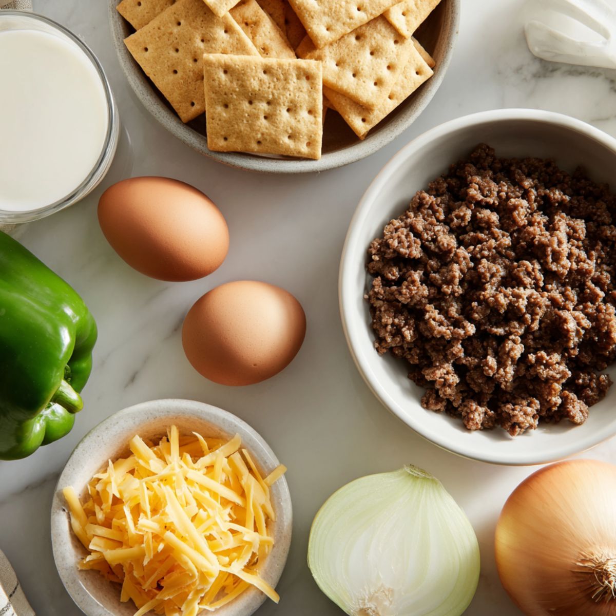 Top view of ingredients for homemade Cracker Barrel meatloaf on a white kitchen counter.