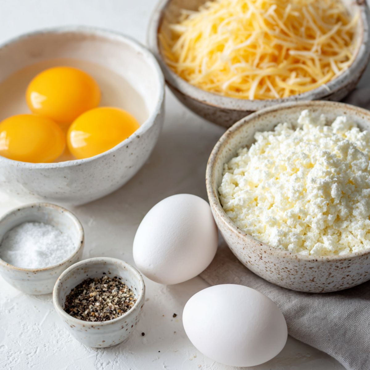 Ingredients for crispy cottage cheese chips laid out on a white kitchen counter