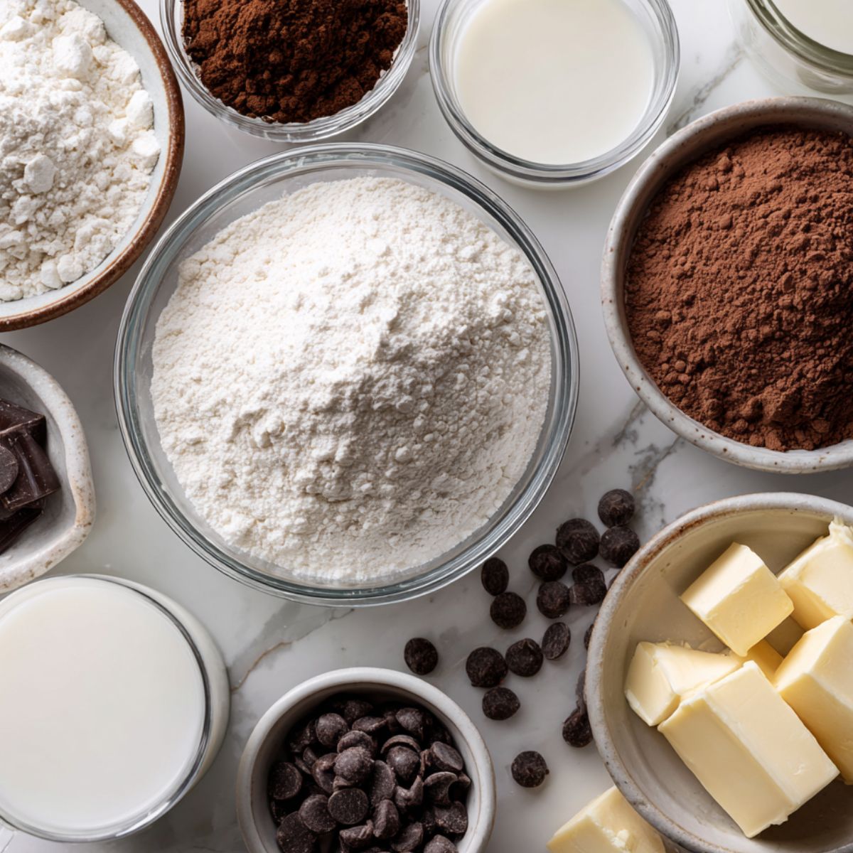 Top-down view of ingredients for edible brownie batter arranged casually on a white kitchen counter.