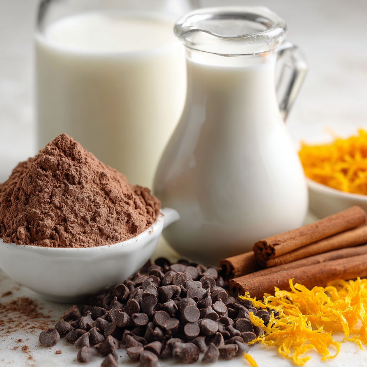 Flat lay of cocoa, chocolate, orange zest, milk, and sugar ingredients on a white kitchen counter for homemade orange hot chocolate.