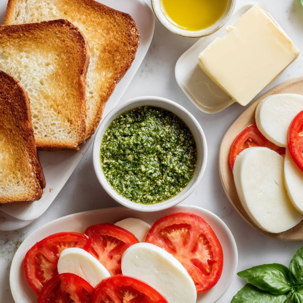 Ingredients for homemade pesto grilled cheese laid out on a white kitchen counter