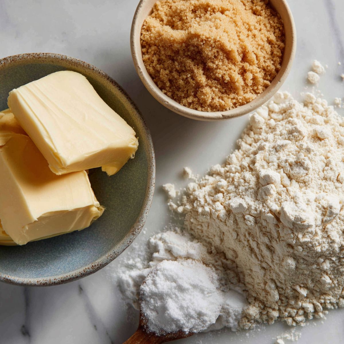 Ingredients for 3 ingredient brown sugar cookies — butter, brown sugar, and flour on a white kitchen counter with a casual homemade look.