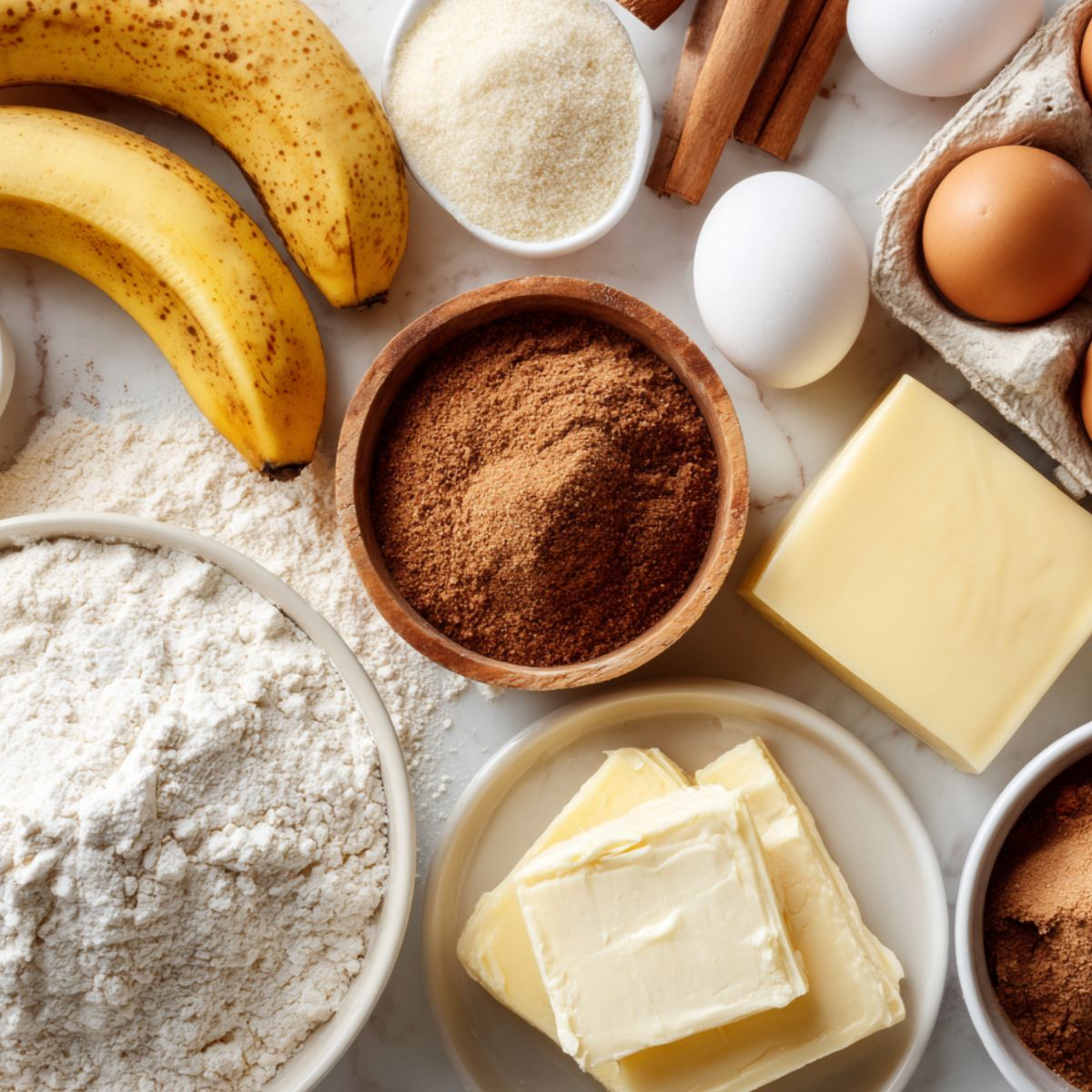 Ingredients for banana bread cinnamon rolls laid out casually on a white counter, top-down shot.
