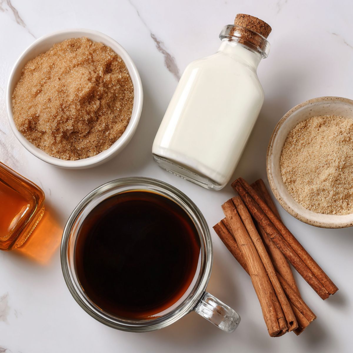 Top-down view of brown sugar iced coffee ingredients casually arranged on a white kitchen counter.